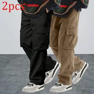 Men's Baggy Cargo Pants - Loose-Fit Solid-Color Bottom, Woven Fabric with Pockets, Drawstring, Zip Fly, Wide-Leg Comfy Clothes for Everyday Outdoor, Streetwear Use, Baggy Pants