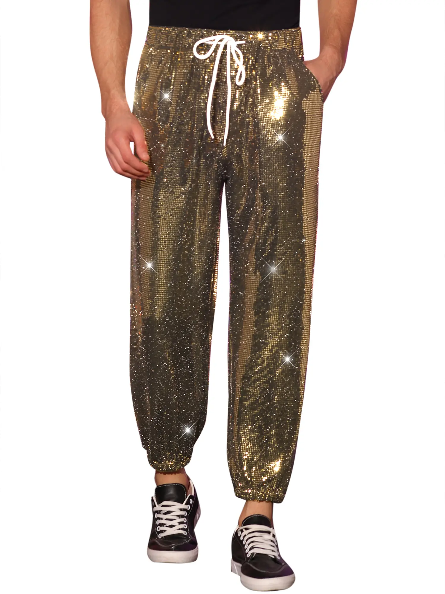 INSPIRE CHIC Sequins Metallic Pants for Men's Elastic Waist Nightwear Club Shiny Jogger