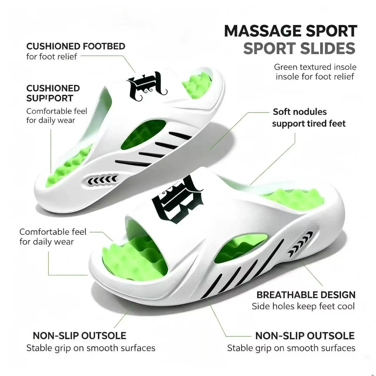 Men's Gothic B Logo Cloud Slides - Thick EVA Sole Pillow Slippers with Decor, Non-Slip Massage Footbed, Streetwear & Casual Wear Shoe for Walking, Indoor-Outdoor Summer Flipflop