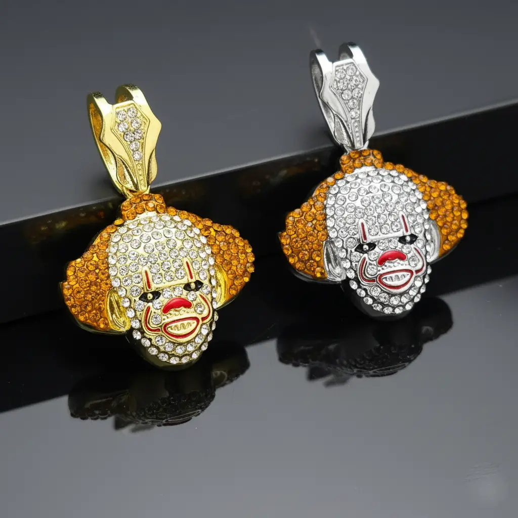 MaxBling81 Hip Hop Style Iced Crazy Clown CZ Charm Pendant, 14K Gold-Silver Plated, High-Quality Polished Fashion Costume Jewelry, 1.5" & 2.25" Celebrity-Inspired Design