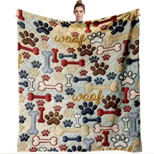 270g Thickened Flannel Pet Blanket Soft Warm Dog Cat Mat Cartoon Paw Print Bone Pattern Sofa Throw Blanket Autumn Winter Pet Bed Cushion Dirty Resistant Easy to Clean Multi Pet Supplies