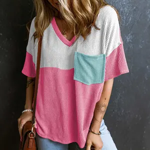 Rose Red Color Block Patch Pocket Corded V Neck Tee Rodeo Graphic