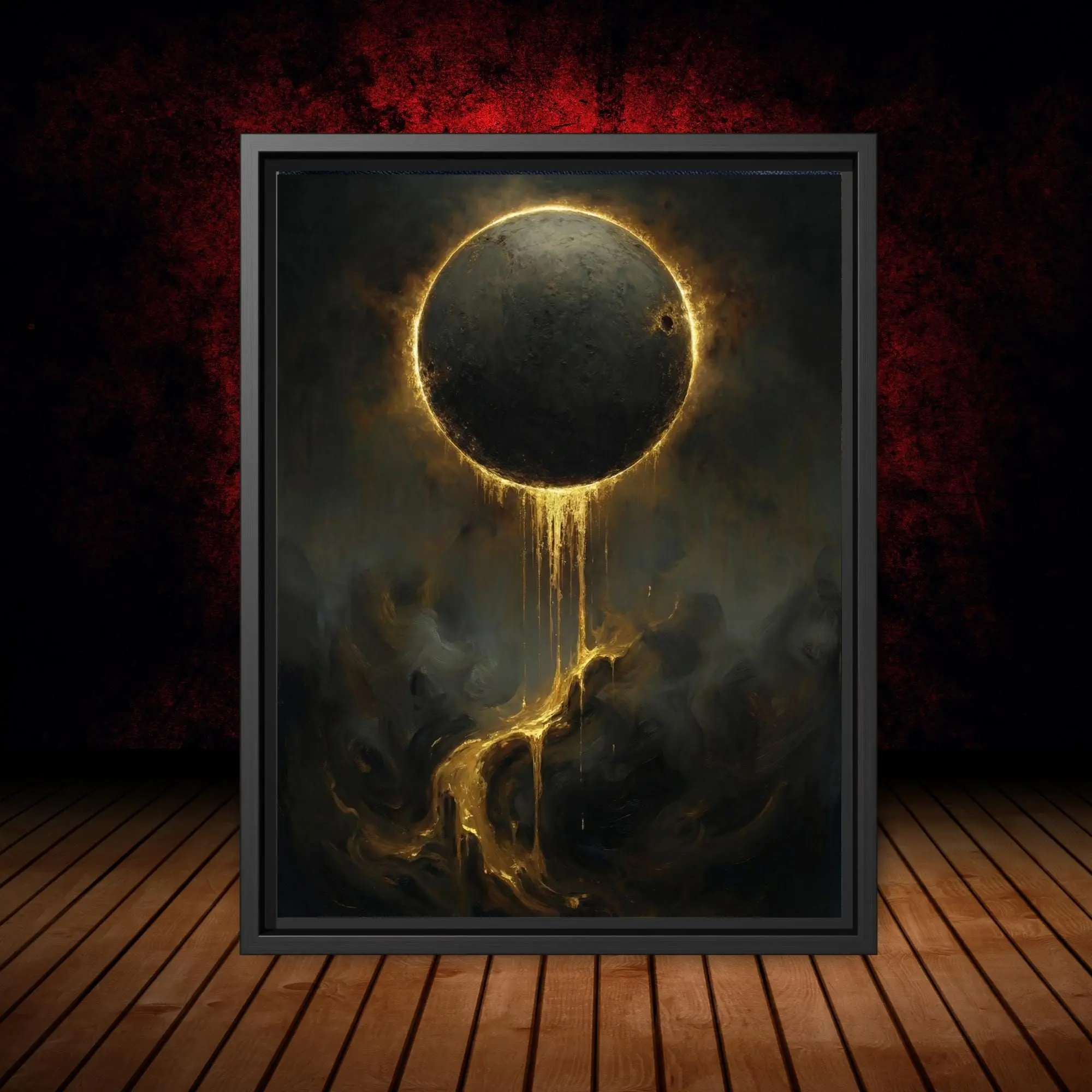 [SALE UP TO 40%] [Unframed] Golden Eclipse Wall Art, Black Moon Dripping Gold, Dark Moody Decor, Oil Painting Style