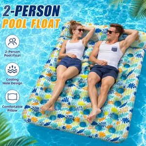 2-Person Inflatable Pool Float Mat with Leaf Print Design, Large Adult Floating Raft with Headrest and Holes Bottom, Oversized Thickened PVC Water Lounger,  Heavy Duty Summer Floating Mat for Couples and Friends, for Swimming Pool,Tanning,Lake and Beach