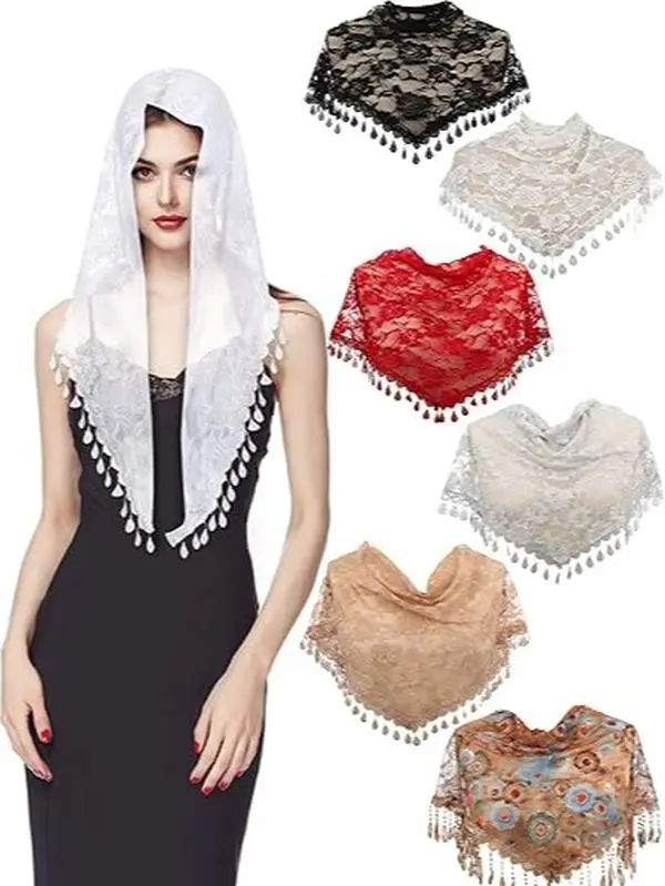 6 Pcs Vintage Lace Triangle Mantilla Veil, Floral Lace Head Cover Shawl Scarf for Women Wedding Formal Occasion