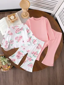 Girls' autumn and winter set, gentle and sweet pink flower pit stripe style, girls' long sleeved top+flared pants two-piece combination set, pink flower print+pit stripe fabric+micro flared pants design, Valentine's Day gift, suitable for daily home