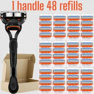 Men's razor set, 1 handle and 12/24/36/48 refills, 5-layer progressive blades nano-level cutting process, the blades are very sharp, smooth shaving, anti-scratch damping plate, engineering stainless steel, very durable, sealed packaging to prevent water a