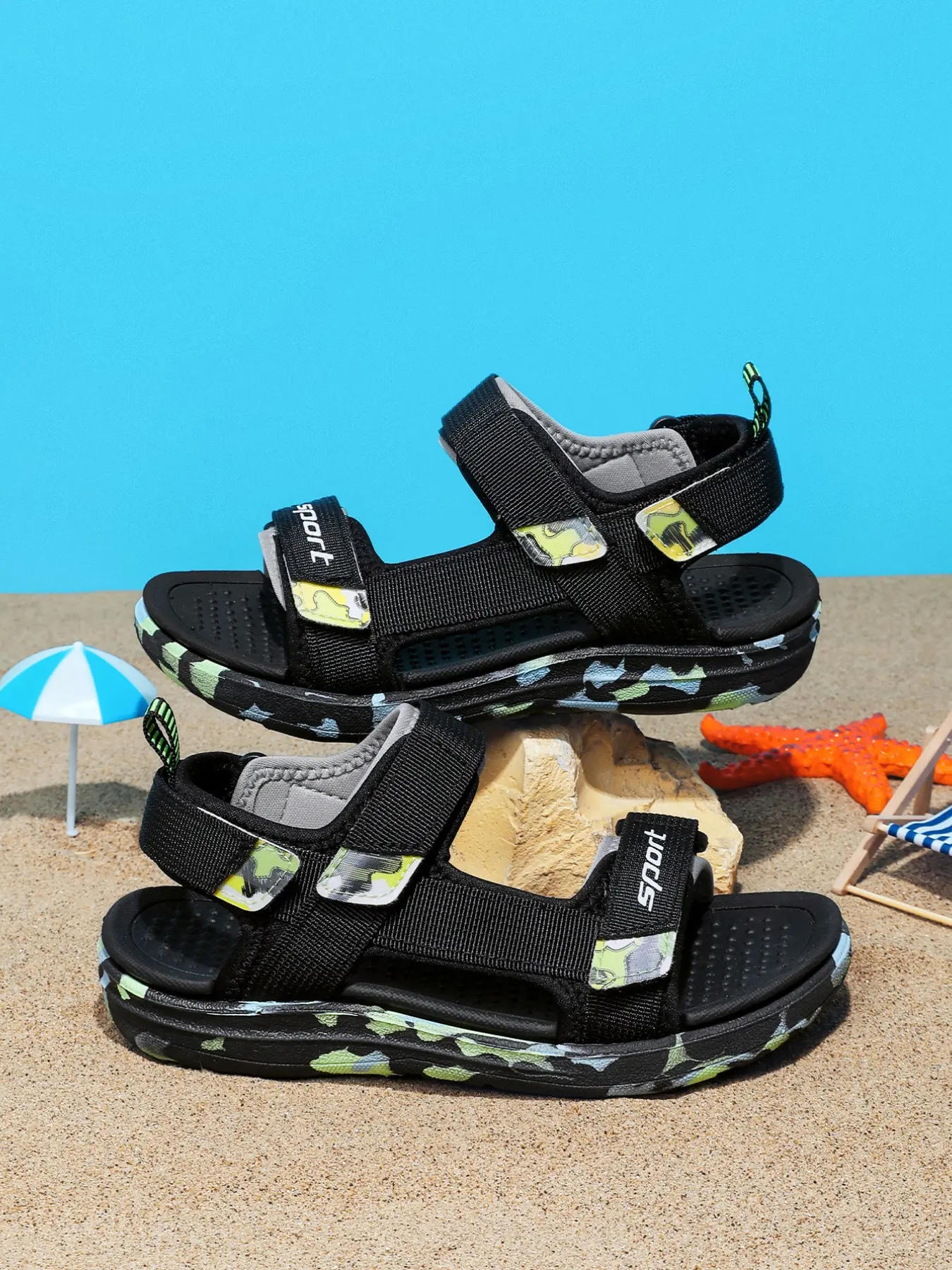 Children Boys Spring Summer Beach Sandals, Dual Buckle Design, Fashion Versatile Outdoor Sandals, Color Block, Adjustable Velcro Strap, Velcro Fastening Sandals