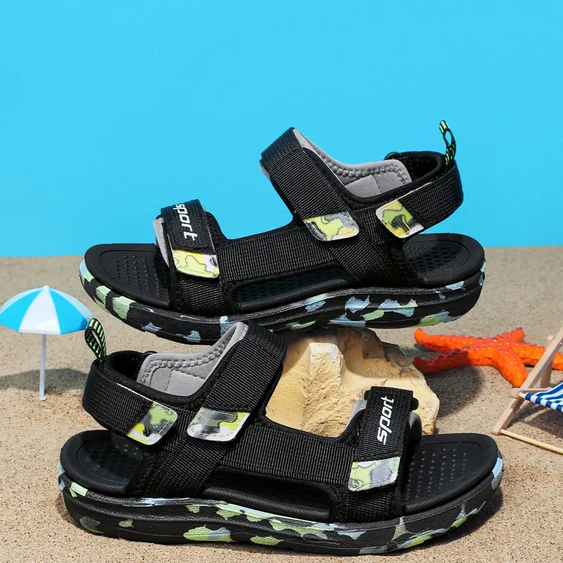 Children Boys Spring Summer Beach Sandals, Dual Buckle Design, Fashion Versatile Outdoor Sandals, Color Block, Adjustable Velcro Strap, Velcro Fastening Sandals
