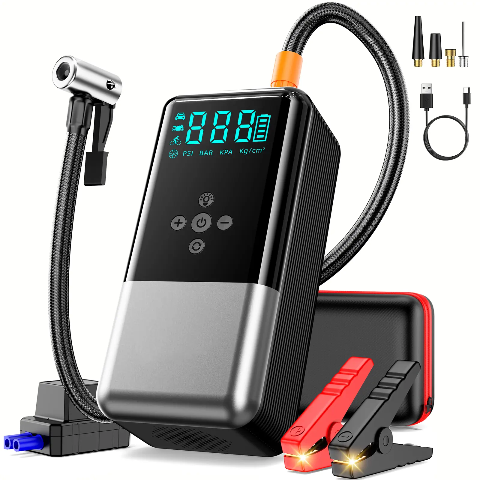 Soulor 3000A Ultra-Safe Jump Starter – Starts all 12V battery vehicles. Features 160 PSI air compressor, 18W fast charging, tire pressure check, and LED light. Includes jumper cables, air hose, storage bag, and 4-in-1 charging cable