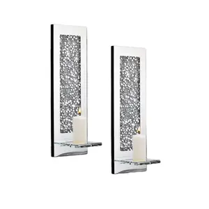 2-Piece Crystal Crush Diamond Wall Candle Holder Set, Silver Mirrored Rectangle Sconces for Living Room & Bedroom Decor, Home Decor Ideas, Decoration Items, Interior Decoration Accessories