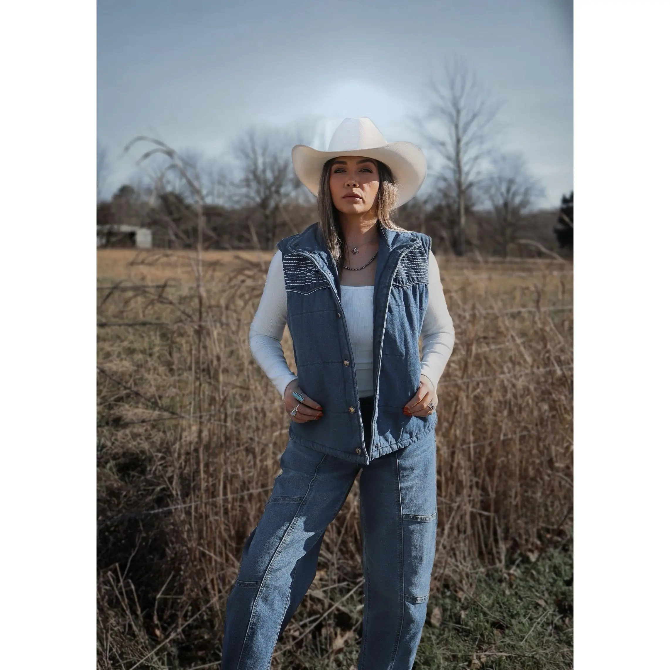 Women's Western Puffer Vest - Cotton Denim Tops with Embroidered Boot Stitch, Smooth Silk Lining, and Graphic Accents for Everyday Style, Zip, Classic, All Season, Ranch, Casual, Cold Wash