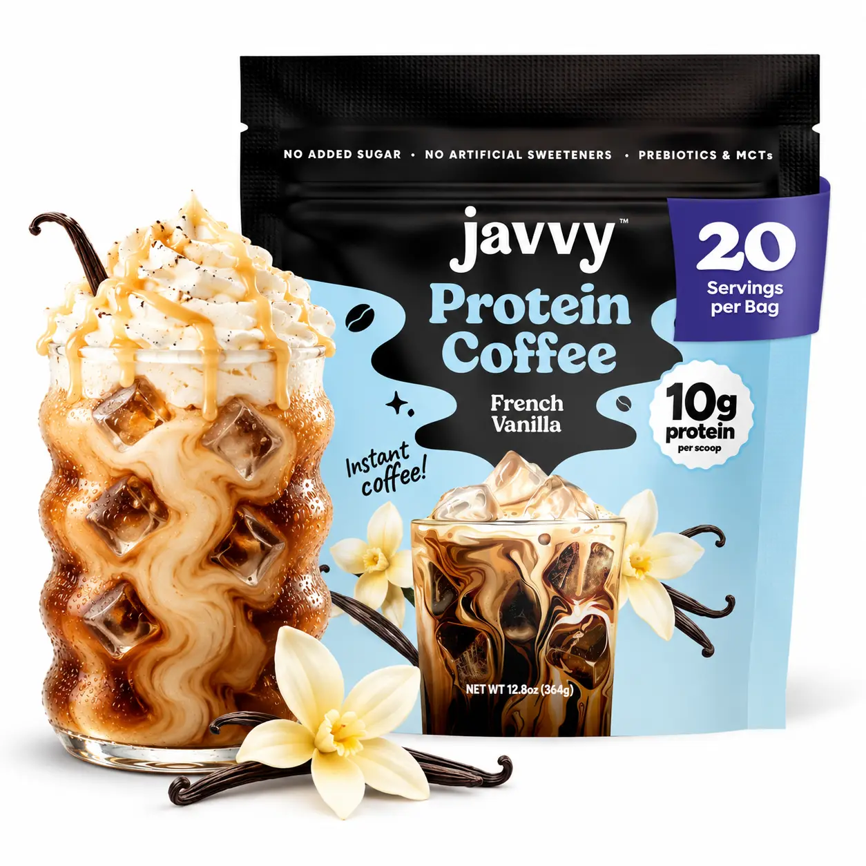 Javvy French Vanilla Protein Iced Coffee Beverage - Premium Whey Protein, Instant Iced Coffee, 100% Natural Cold Brew - 0 Artificial Flavors, 0 Sweeteners, 80 mg Caffeine, No Added Sugar, 20 Servings