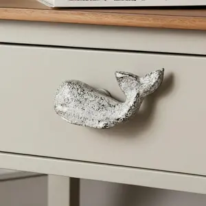Whale Cabinet Knob, Weathered White Cast Iron Drawer Pull, 3"