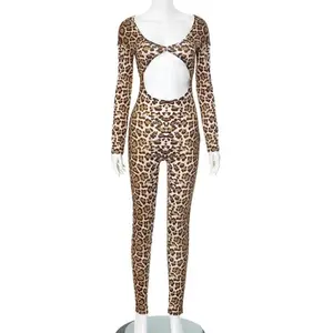 Women’s summer and autumn leopard print jumpsuit — wild design with cutouts, low neckline, sexy slim fit, long sleeves, peach-hip silhouette; suitable for parties; lightweight women’s apparel