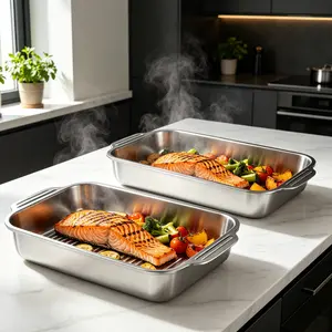 Set of 2 Extra Large Stainless Steel Baking Pans with Lids - Non-Stick, Thick-Bottomed Rectangular Oven Trays for Desserts, Bread, and Seafood - Perfect for Grilling and Buffet Serving | Spacious Design | Non-Stick Surface, Oven Safe Baking Pans