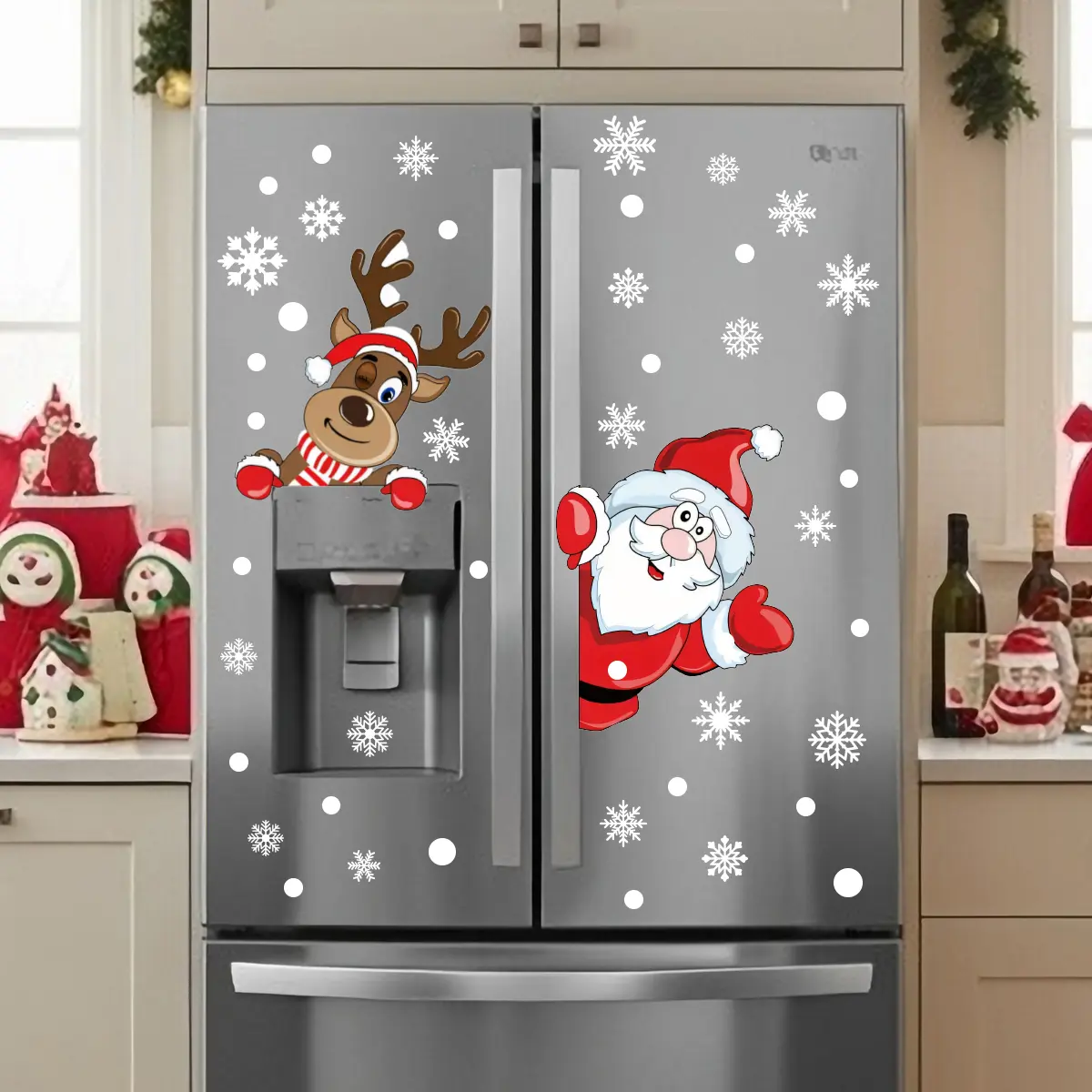 Cute Christmas Deer and Santa Claus Decorative Stickers, Wall Art Stickers, Self-Adhesive PVC Decals for Living Room, Bedroom, Kitchen, Bathroom, Wall, Window, Fridge