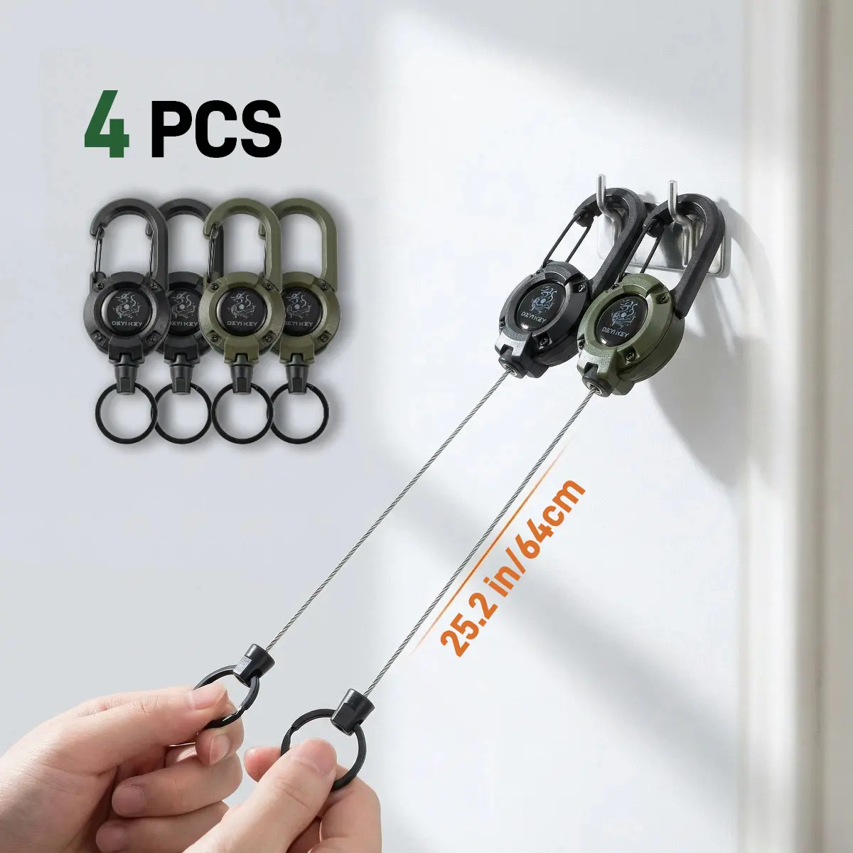 Heavy Duty Clip-On Retractable Anti-Loss Keychain - 64cm Steel Cable, 4pc Carabiners for Keys, Wallet, Gear - Essential for Outdoor Sports, Commute, Carabiner Clip Keychains, Belt Clip Keychains Key Holder Key Rings For Car Keys, Keychain Attachment