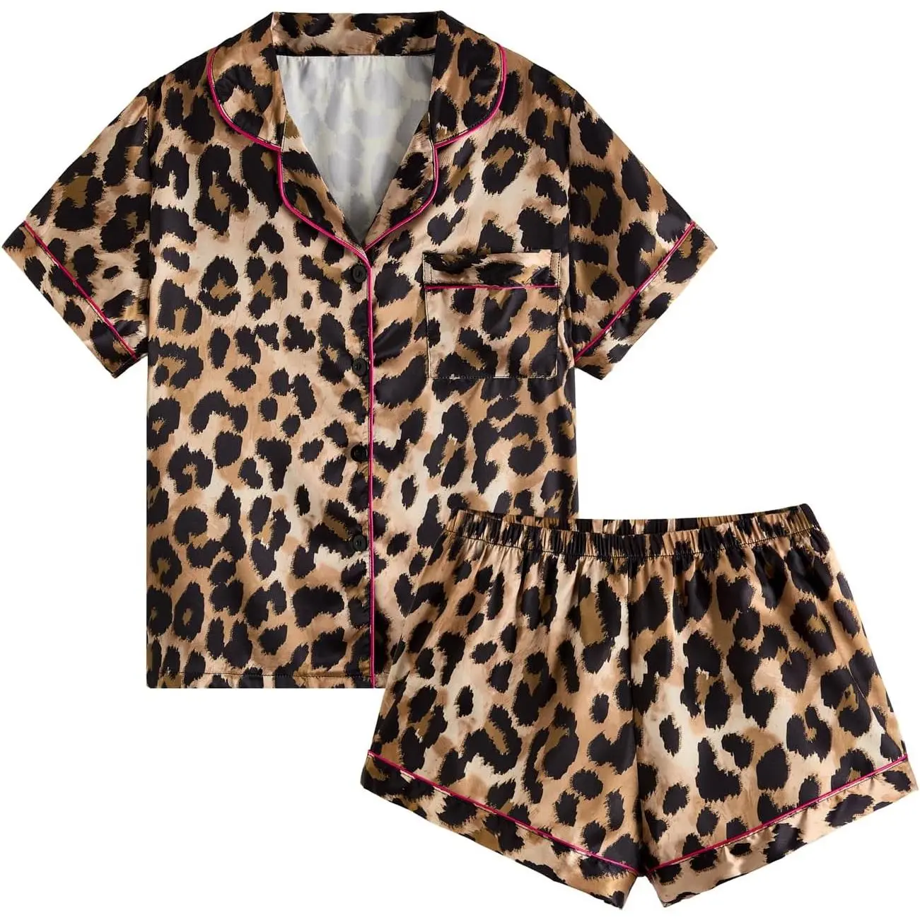 Women's 2-Piece Leopard Print Loungewear Set - Short-Sleeve Button-Front Collar Shirt, Shorts, Multi-Size Stain-Resistant Sleepwear Pjs, Shortsleeve, Sleepwear Set, Cheetah, Animal Print, Button-Front Shirt, Leopard Pattern