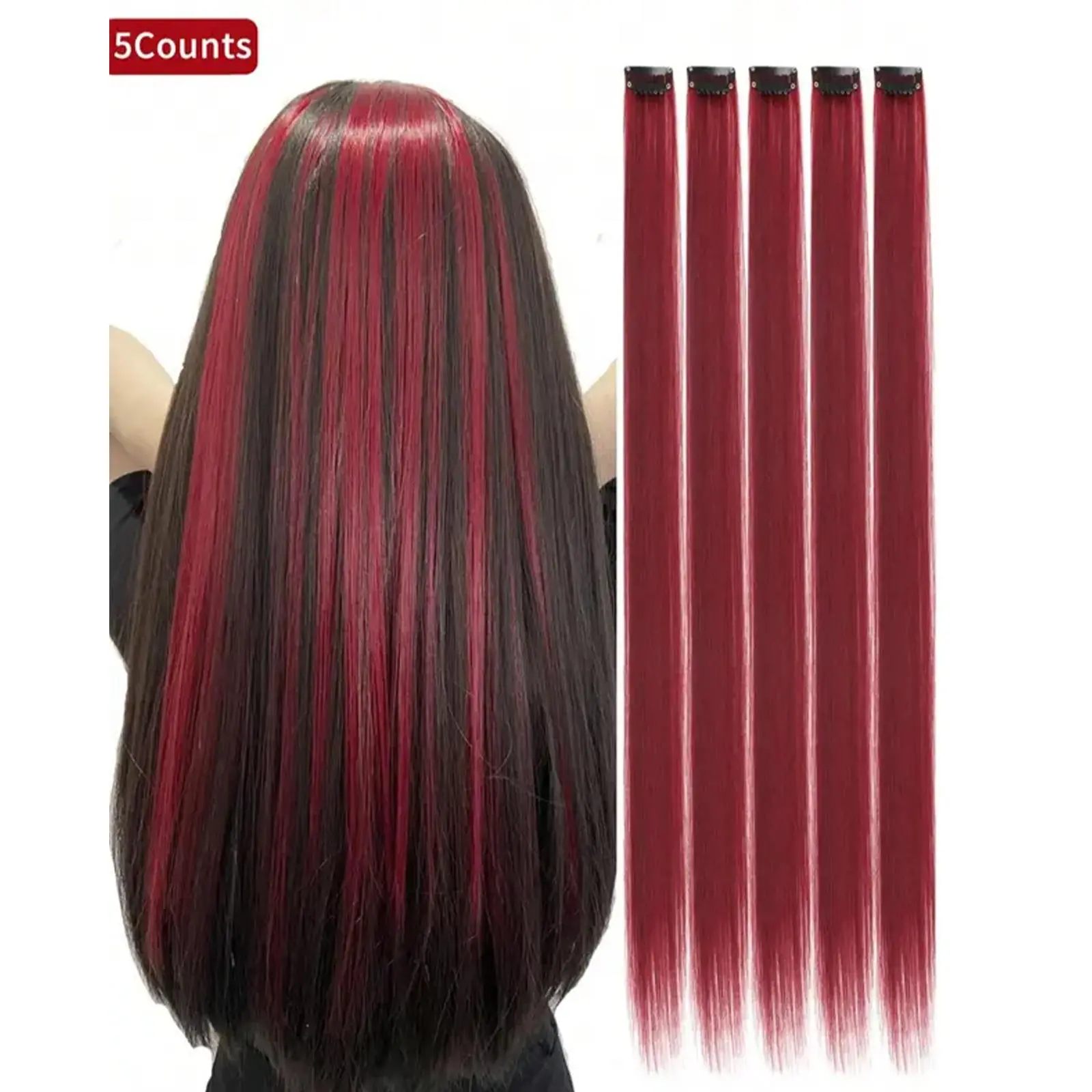 20 inch Colored Hair Long Straight Extensions, Halloween Cosplay Colorful Highlights Clip in Synthetic Hair Extensions, Burgundy Color Hairpieces for Girls Women Favor Gift, Christmas Decor