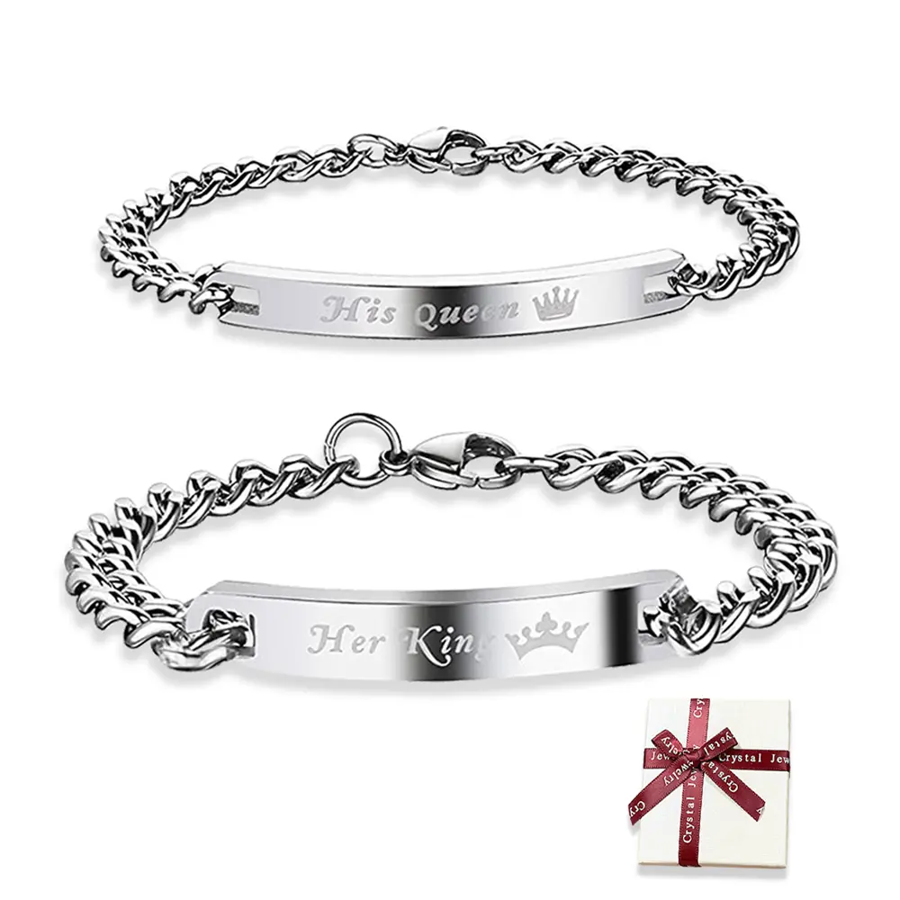 2pcs Couple Bracelet Stainless Steel Bracelets for Women Men King Queen Matching Set His Her Bracelets Gift for Lover Relationship Friendship Distance Chain Bracelet Jewelry, Silver