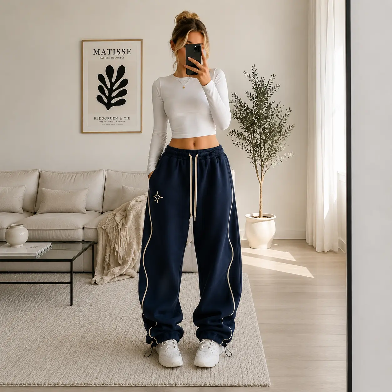 Women’s Navy Baggy Jogger Sweatpants, Oversized Wide Leg Track Pants with Contrast Piping, Comfy Streetwear Lounge Pants, Gift for Her, Casual Everyday Outfit, Trending Fashion 2026