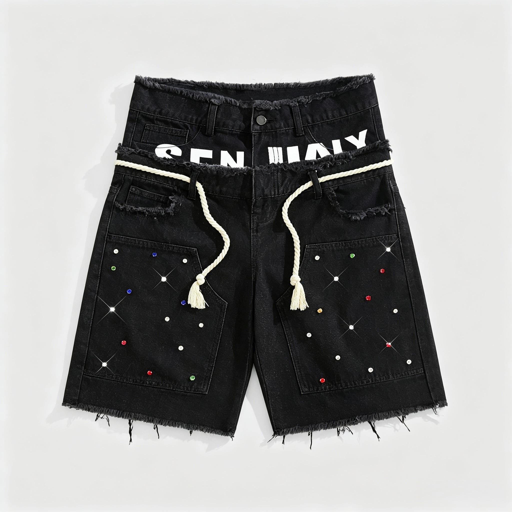 Men's Sparkling Rhinestone Casual Streetwear Shorts - Mid Waist, Loose Cut Lets You Move With Ease, Layered Denim Adds Depth and Texture, Stylish Cotton Blend Double-Layer Menswear Bottoms