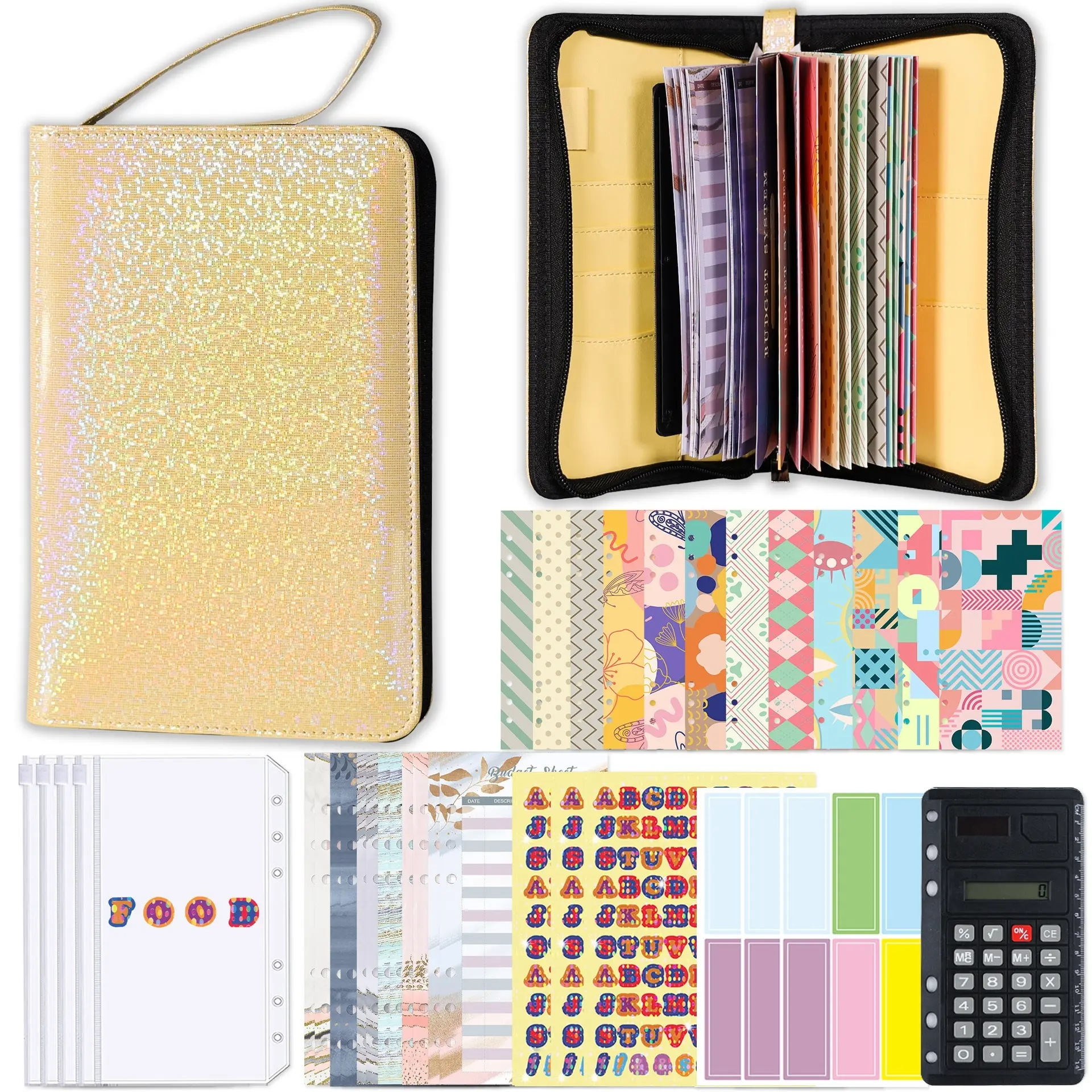 Multifunctional PU Handheld Zipper Bag Cash Budget Book, Monthly Budget Planner, Financial Planner, A6 Ring Binder Account Notebook, Savings Tracker Organizer, 12 Envelopes, 4 Money Bags, 1 Calculator
