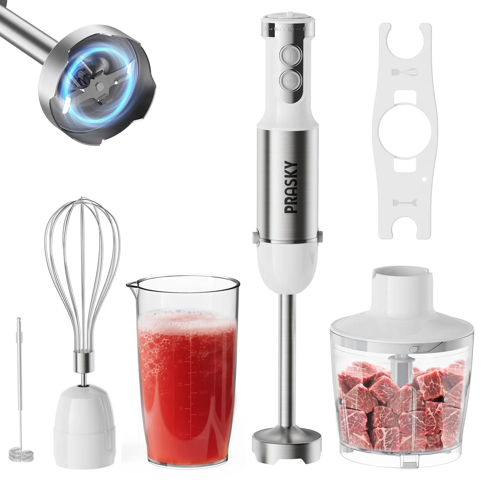 PRASKY 5-in-1 Hand Blender 1000W | Ice Crusher, Smoothie Maker, Egg Beater, Milk Frother & Chopper | 20-Speed Immersion Stick Mixer with Cup & Bowl | BPA-Free, Stainless Steel Blade  tiktokshopbacktoschool