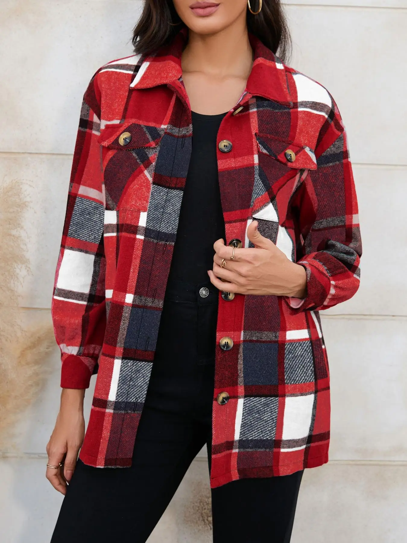 Women's Plaid Print Button Front Long Sleeve Shirt Coat, Preppy Trendy Casual Chic Comfort Collar Coat for Daily School Outdoor, Lady Clothing for Spr