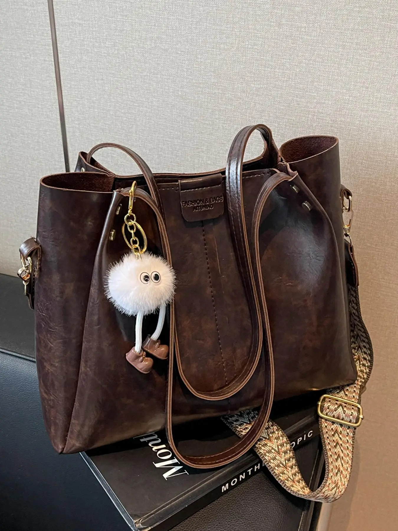 Women's Fashionable Solid Color Tote Bag with Pom Pom Charm, Large Capacity Shoulder Bag for Daily Used, Casual Trendy Versatile High-quality Daily Co