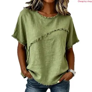 【Summervibes】2026 Women Crew Neck Short Sleeve Top, Raw Edge Panel Design, Loose Cotton Linen Blouse, Breathable Casual Summer Apparel, Versatile Daily Shirt for Street Looks, Shopping & Outdoor Activities