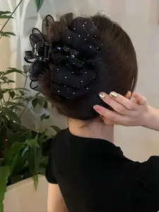 1 Piece Elegant Style Heart Shaped Rhinestone Decor Tie Layered Bowknot Design Double-sided Mesh Hair Claw, Large Size Easy Grasping Clip Suitable For Party, Daily Use, Hair Clips