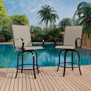 Outdoor Patio Bar Table and 2 Swivel High Back Bar Stools Set – Metal Frame Bistro Square High Top Table with Tempered Glass – Armrests – All-Weather – Perfect for Balcony, Deck, Backyard, Poolside, Garden