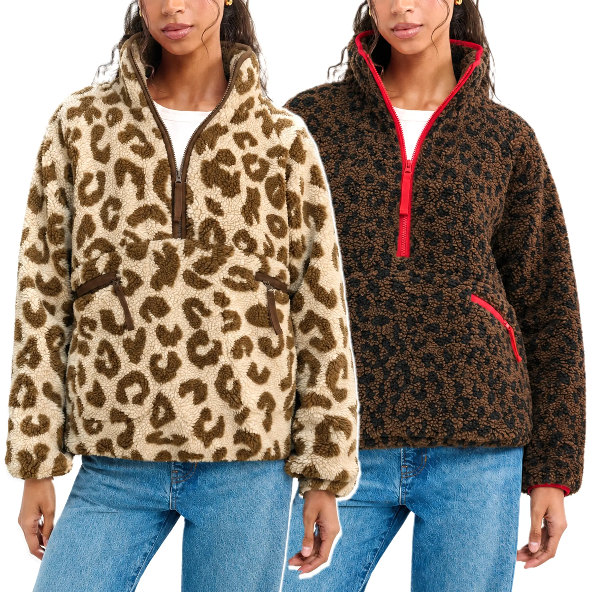 Buenoble Women’s Leopard Print Sherpa Pullover Jacket, Cozy Oversized Half Zip Fleece Sweatshirt with Stand Collar & Zipper Pockets