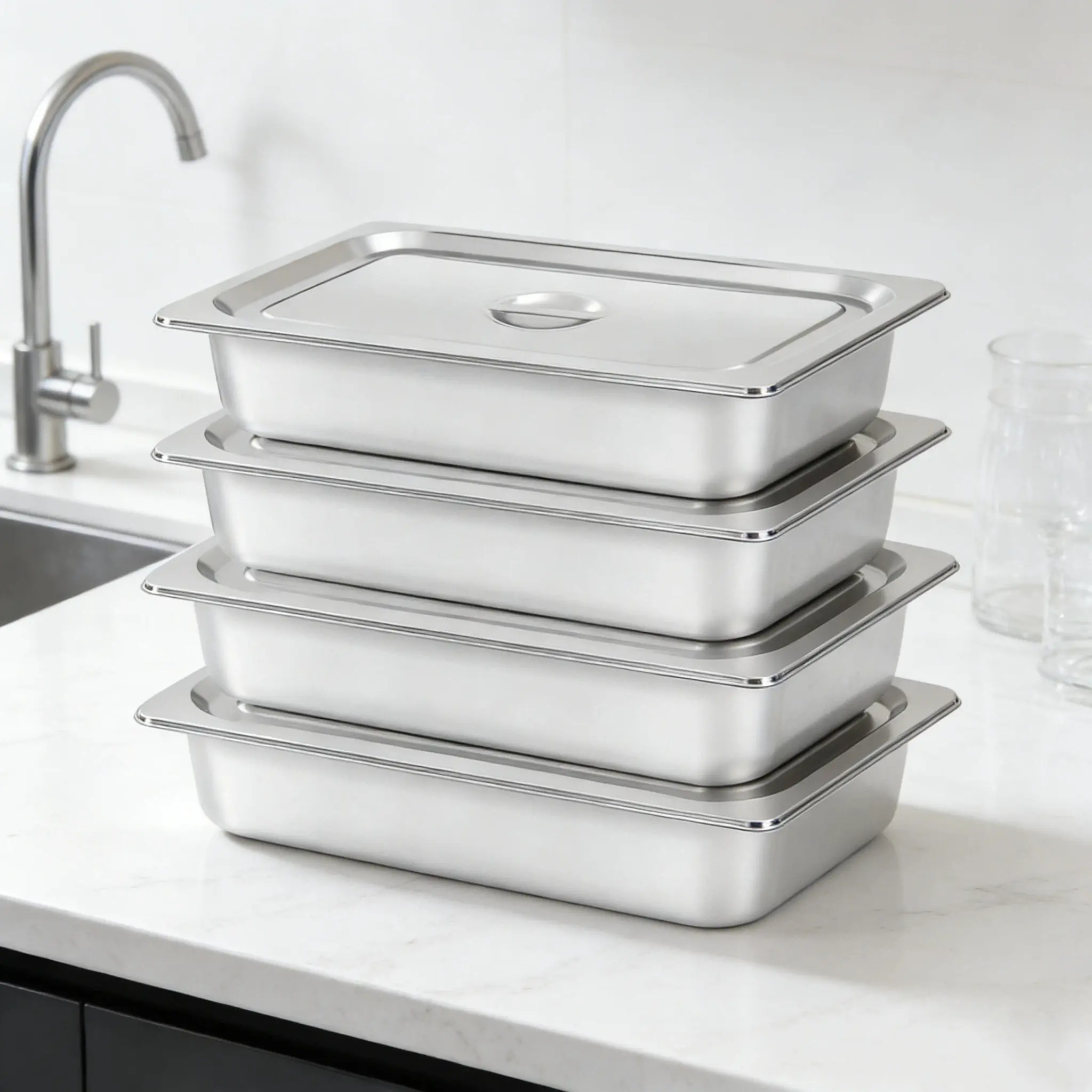 CNCEST 4-Piece Stainless Steel Steamer Steam Table Pan Kit - 3.94" Deep, 2.38gal Lidded Metal Casserole Dishes for Commercial Cookware, Kitchen Supplies & Storage Organization