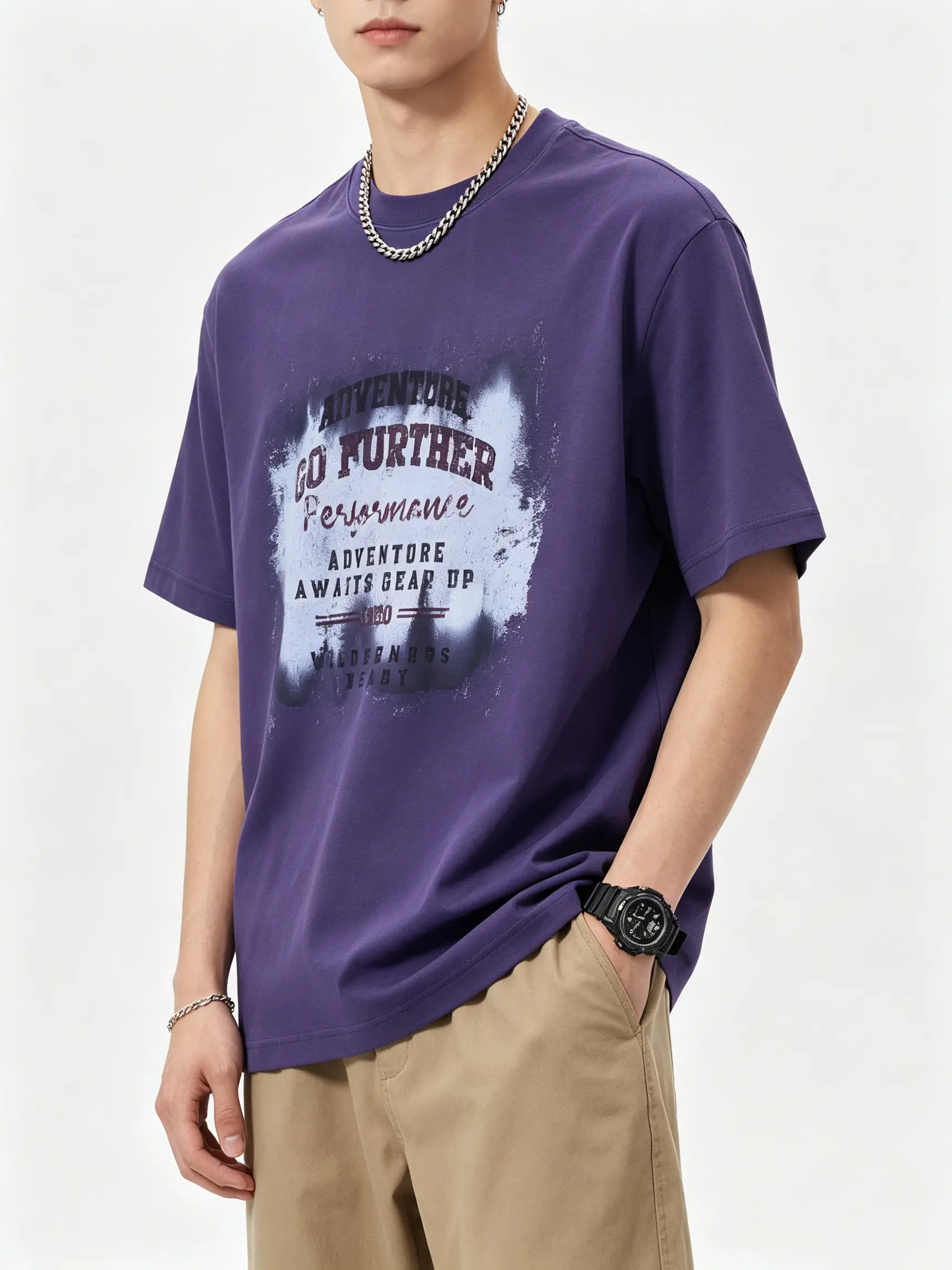 Men’s American Vintage distressed purple T-shirt: oversized, relaxed street style, heavyweight washed 100% cotton short-sleeve with adventure print Casual Tshirt
