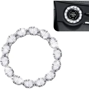 Bling Push Start Button Cover,  Rhinestone Engine Start Stop Ring  for Women, Shiny Key   Button Accessories, Universal for   (White)