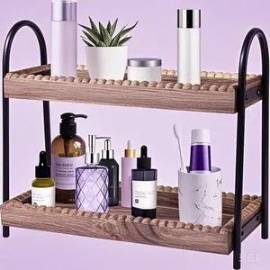 2 Tier Wooden Storage Shelf, Organizer for Bathroom Vanity and Kitchen Countertop, Cosmetic Skincare Perfume Display Stand, Space Saving Beaded Shelf for Coffee Station Makeup Essentials