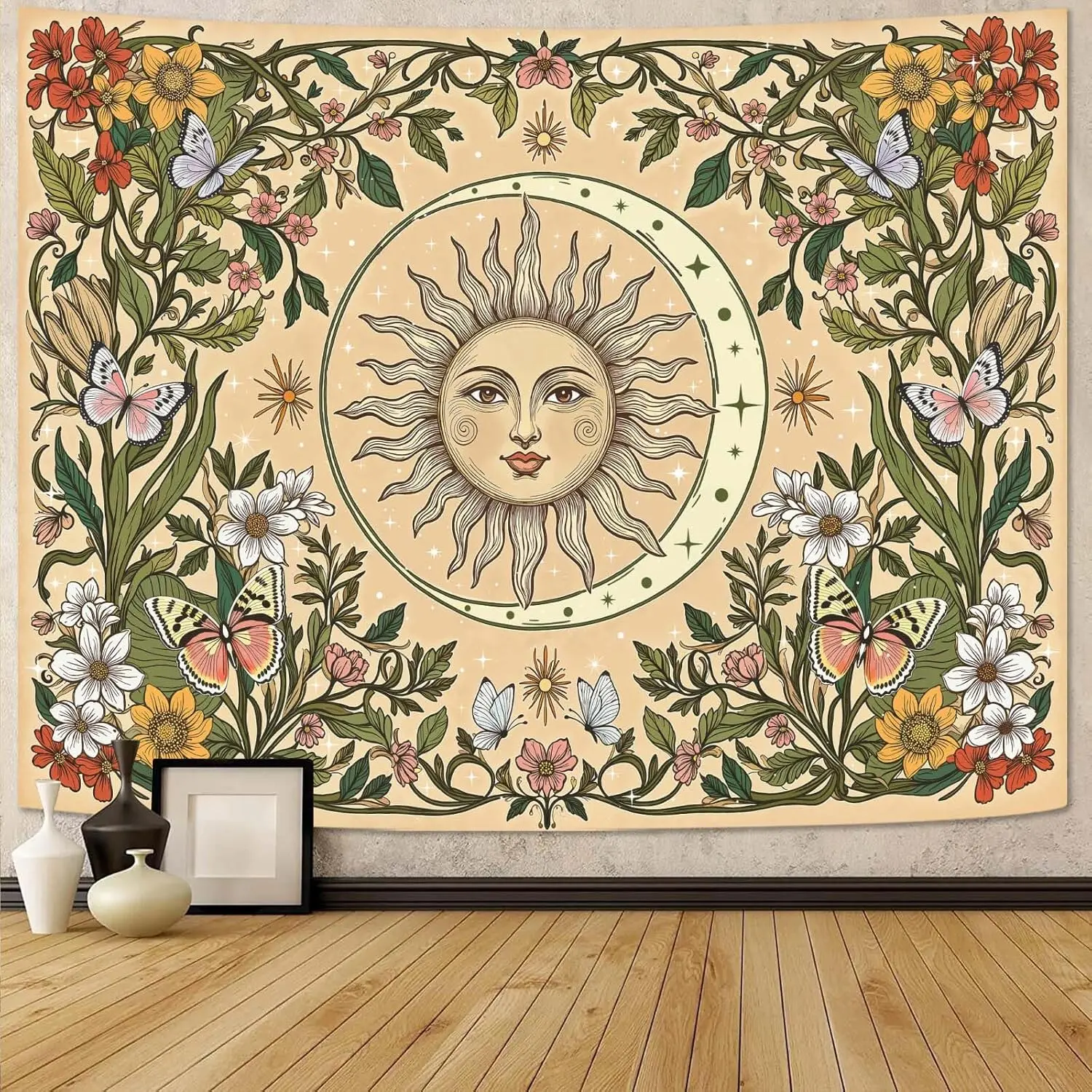 Boho Sun and Moon Tapestry Vintage Floral Wall Tapestry for Bedroom Aesthetic Beige Celestial Plant Flower Butterfly Small Tapestries Wall Hanging for Living Room Dorm 40 x 30 Inch