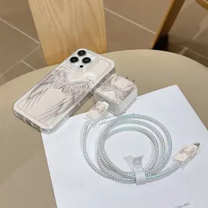 6 Piece Set Transparent Angel Wings Phone Case, Charger Head Cover, Cable Protector, Storage Rope, Data Line Protection, iPhone 6-17 Pro Max