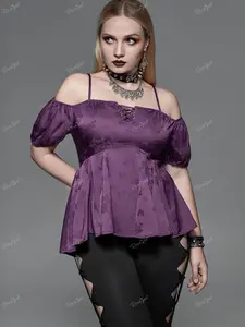 Rgothic Plus Size Gothic Floral Butterfly Embroidery Lace Up Cold Shoulder Top for Women Polyester Regular Fit Spring Summer Basics