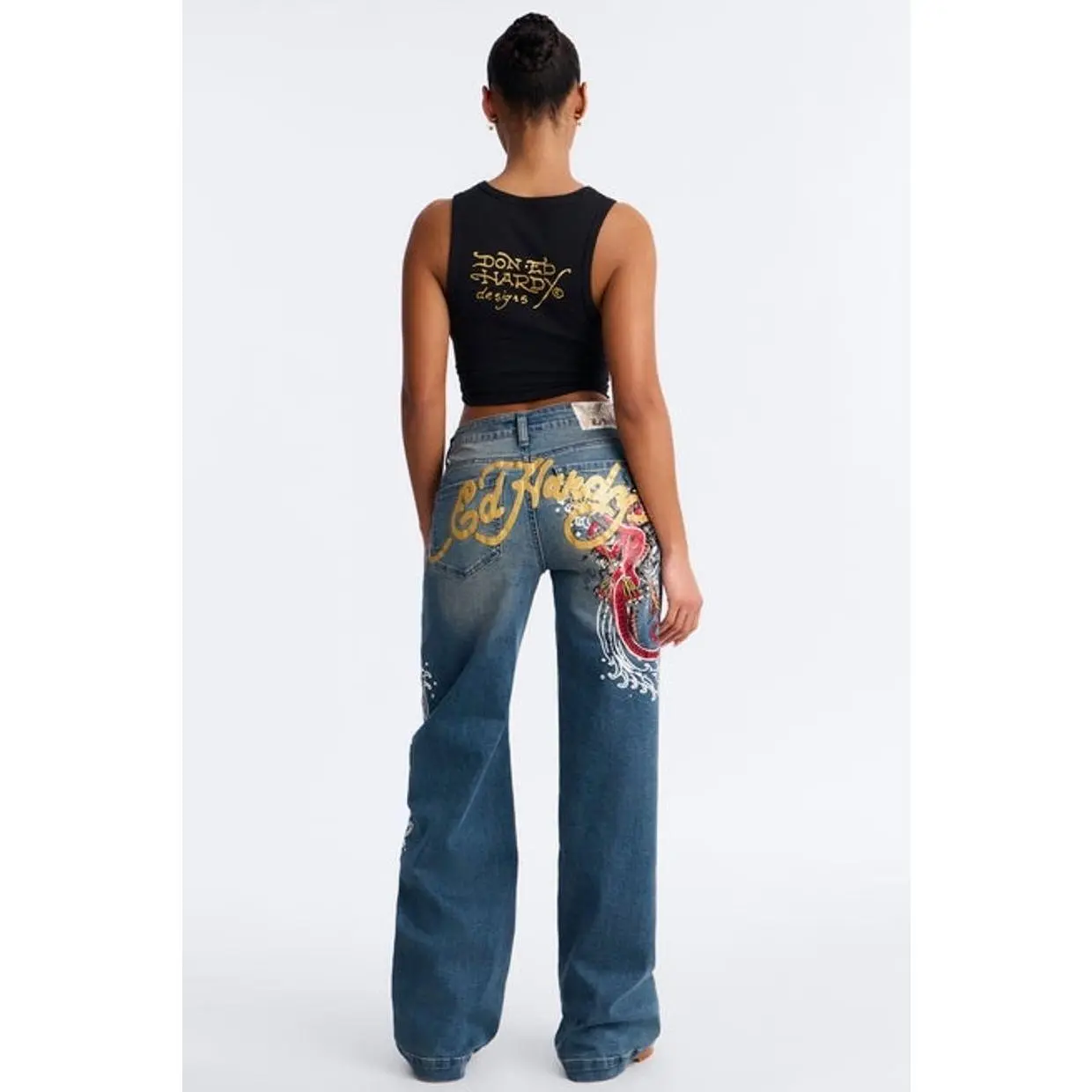 Women's Ed Hardy Graphic Wide Leg Jeans - Vintage Wash, Cotton-Rayon Blend, Early 2000s Aesthetic Streetwear Jeans, Long Baggy Jeans