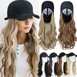 16inch Long Wave Adjustable Balck Hat Wigs Baseball Cap with Hair Extensions Wavy Curly Synthetic Hairpiece For Women Daily Party Use
