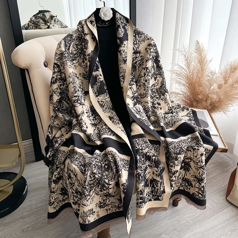 Luxury Vintage Sketch Print Cashmere-Like Scarf - Reversible Oversized Shawl, Soft Warm Blanket Scarf for Fall Winter