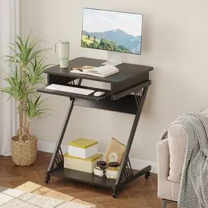 ALISENED Computer Desk for Small Spaces with Wheels and Bottom Shelves , Z-shape Gaming Desk Home ，Office Desk ，Ergonomic Desk， Standing Rolling Desk，Student Learning Desk