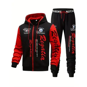 Men's hooded letter printed sportswear set, 2-piece casual sportswear set, fashionable hooded sweatshirt with full zipper and elastic waist pants, regular style, outdoor wear