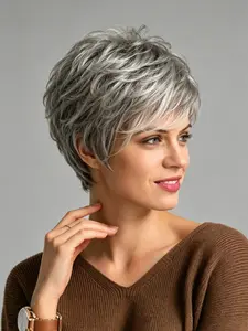 2026 New Silver Gray Pixie Cut Non Lace Wig, 6 Inch Lightweight Breathable Synthetic Short Wig with Bangs, Daily Wear Glueless Easy Styling for Women