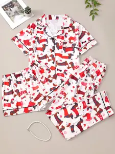 airport outfits  loungewear set Women's Three-Piece Pajama Set, Cute Sausage Dog & Heart Print, Comfortable Short Sleeve Top, Elastic Waist Pants & Shorts