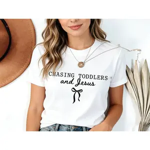 Comfort Colors Chasing Jesus and Toddlers Coquette TShirt,Christian Teacher T-Shirt, Aesthetic Faith Based Bow Tee, Christian Mom Gift, Beachy Tee,Teacher Tee